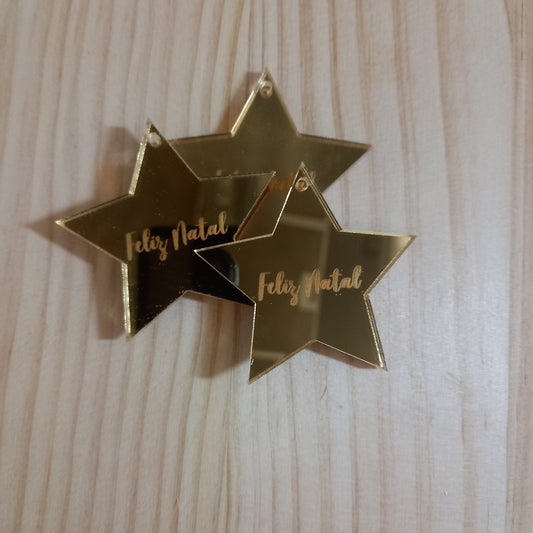 Estrela de acrílico dourada  Feliz Natal 5cm